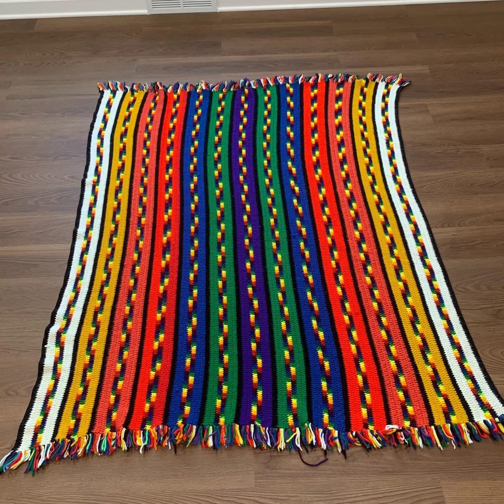 VTG Handmade Rainbow Striped Fringed Afghan Throw